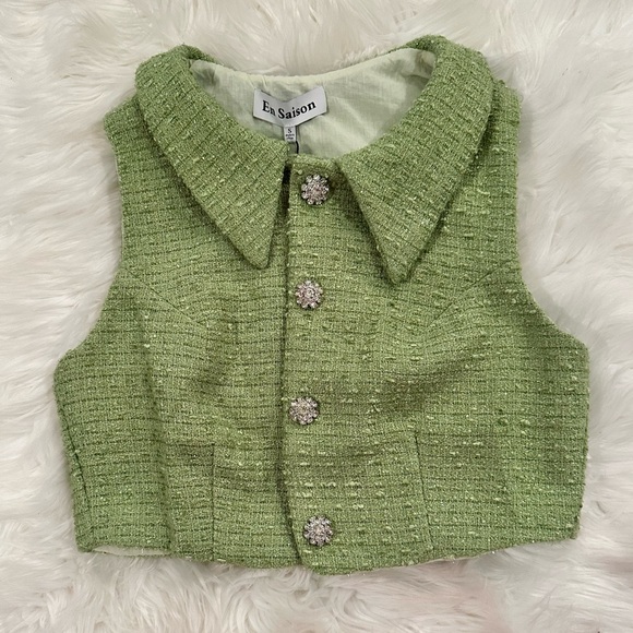 En Saison Nadine Tweed Button Down Vest and Shorts Set in Green SIZE S - Picture 4 of 6